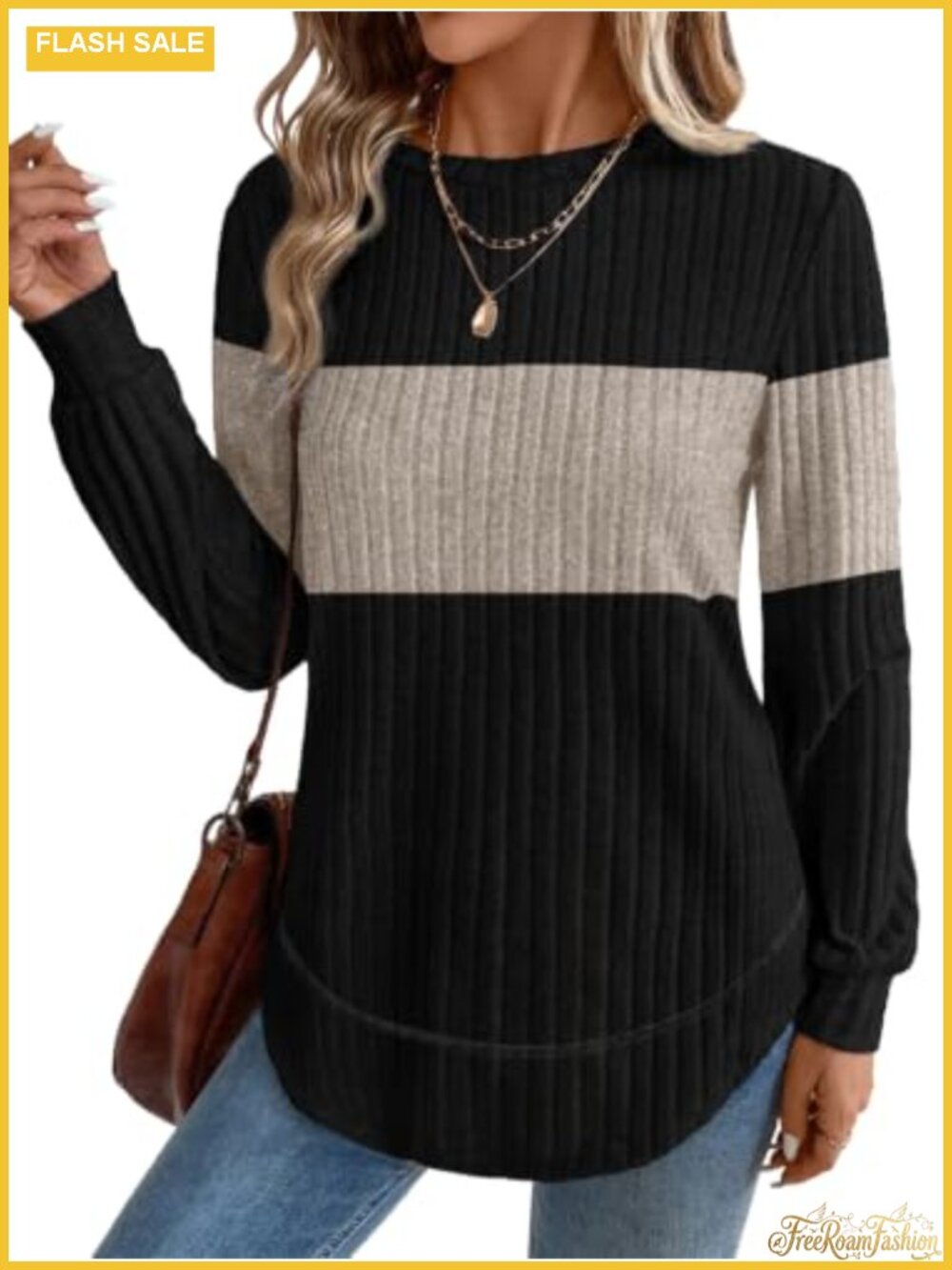 Womens Crew Neck Tunic Sweater Long Sleeve Curved Hem Top